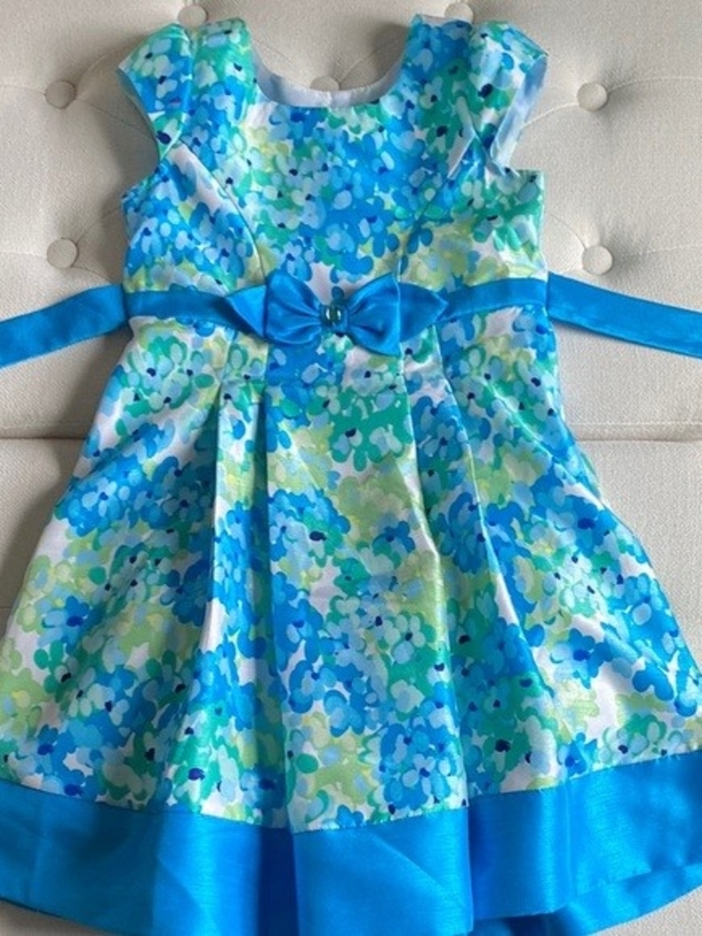 Jona Michelle Aqua and Blue Floral Bow-Front Girls Formal Dress